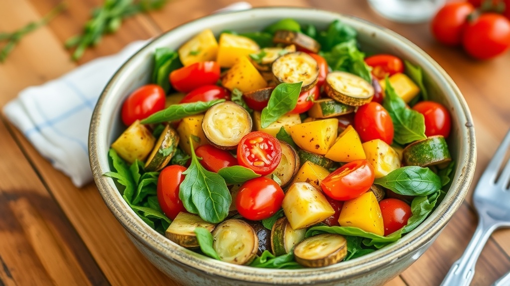 Delicious Roasted Vegetable Salad Recipe A colorful Roasted Vegetable Salad with zucchini, bell peppers, cherry tomatoes, and mixed greens on a rustic table.